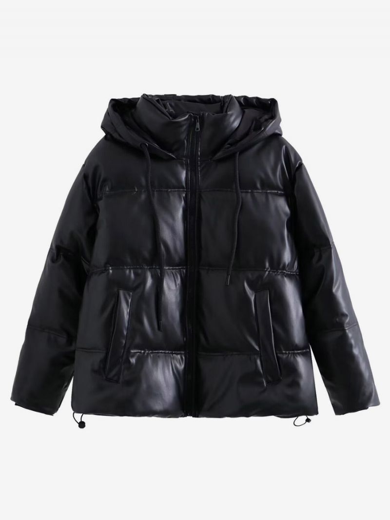 Puffer Coat Stojan Golier Hodded Zips Šikmé Vrecká Dámske Vrchné Oblečenie - Čierna