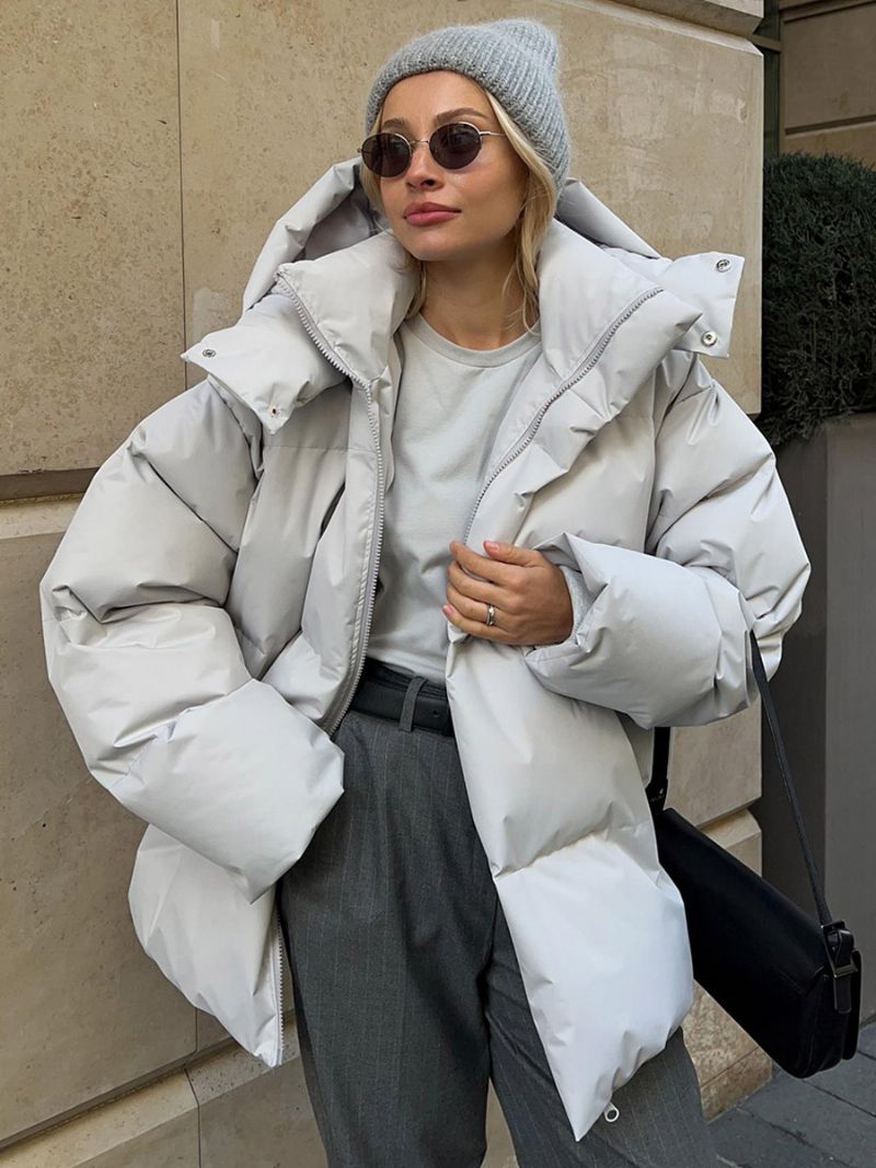 Puffer Coat Zips S Kapucňou Jednofarebné Oversized Vrchné Oblečenie Pre Ženy