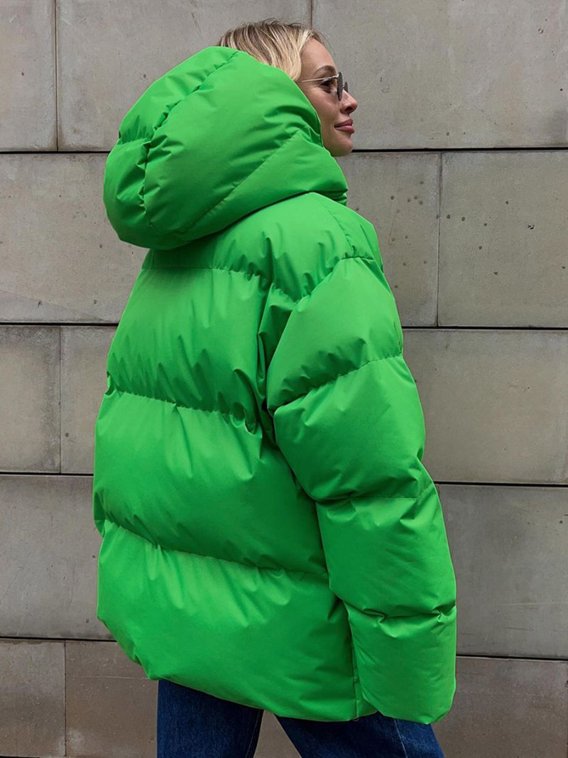 Puffer Coat Zips S Kapucňou Jednofarebné Oversized Vrchné Oblečenie Pre Ženy - Zelená