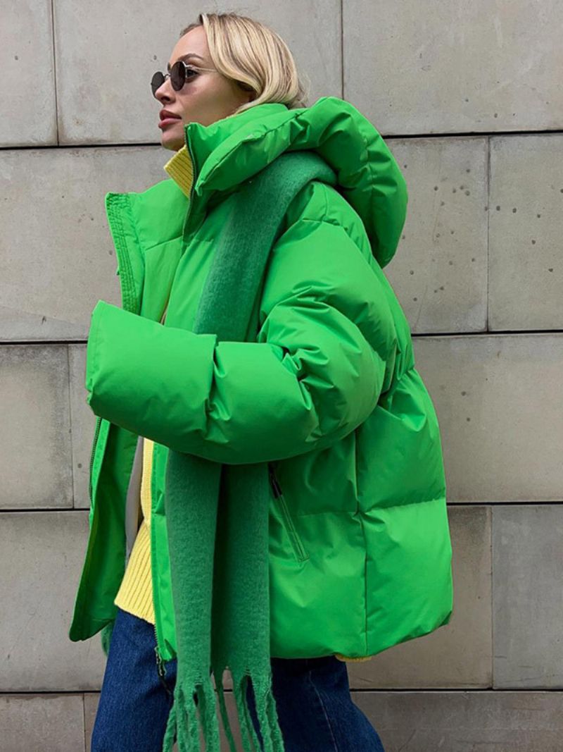 Puffer Coat Zips S Kapucňou Jednofarebné Oversized Vrchné Oblečenie Pre Ženy - Zelená