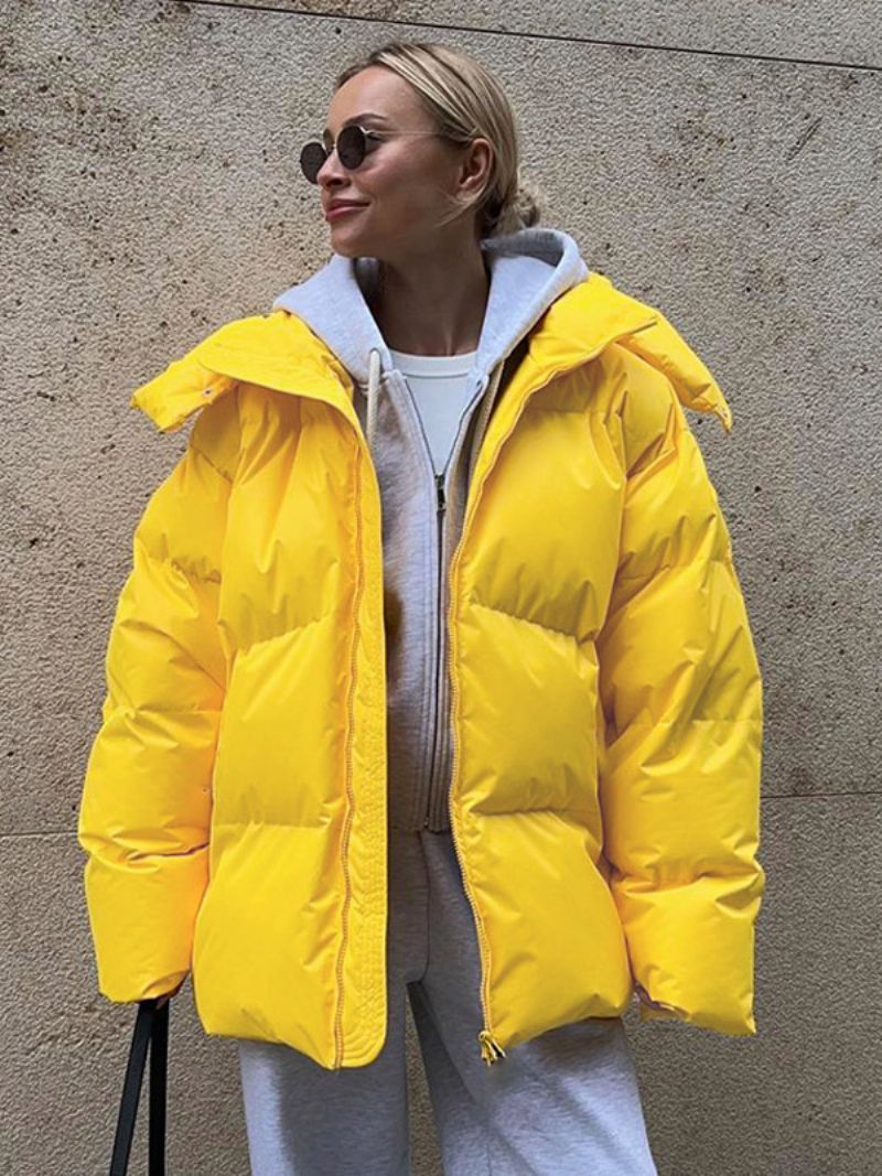 Puffer Coat Zips S Kapucňou Jednofarebné Oversized Vrchné Oblečenie Pre Ženy - Žltá