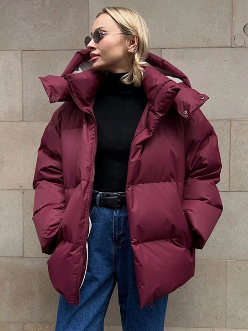 Puffer Coat Zips S Kapucňou Jednofarebné Oversized Vrchné Oblečenie Pre Ženy - Burdová