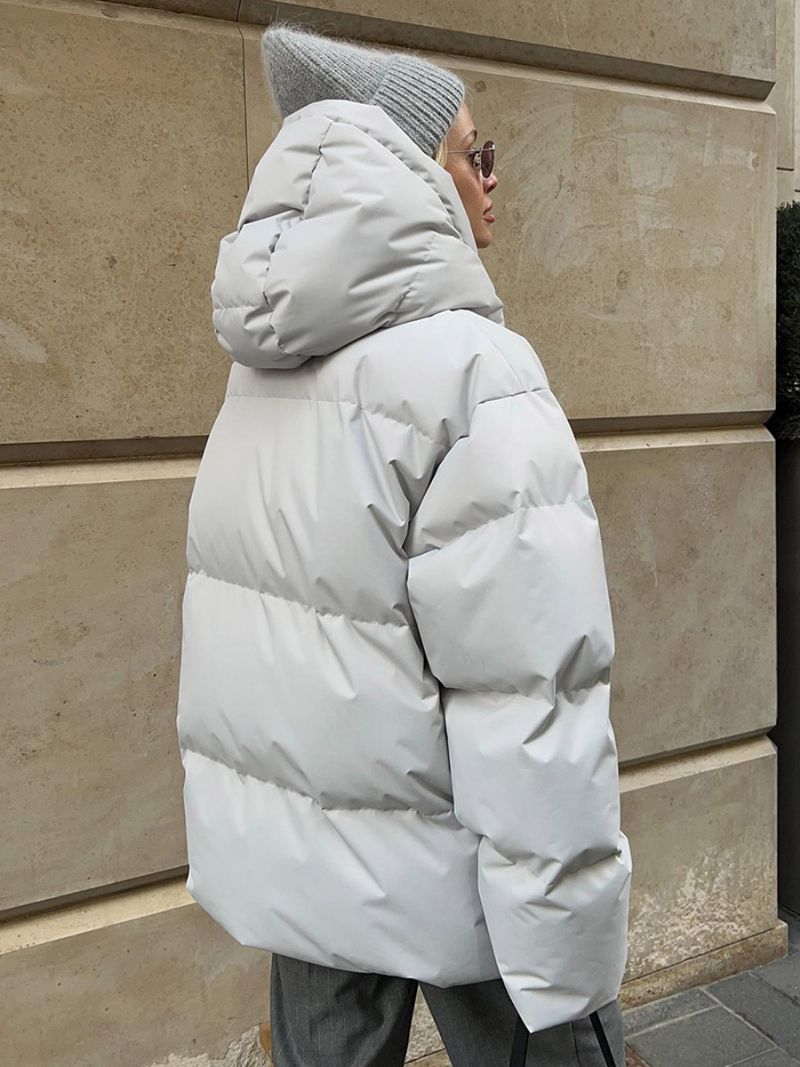 Puffer Coat Zips S Kapucňou Jednofarebné Oversized Vrchné Oblečenie Pre Ženy - Svetlo Šedá