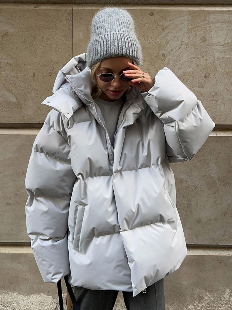 Puffer Coat Zips S Kapucňou Jednofarebné Oversized Vrchné Oblečenie Pre Ženy - Svetlo Šedá