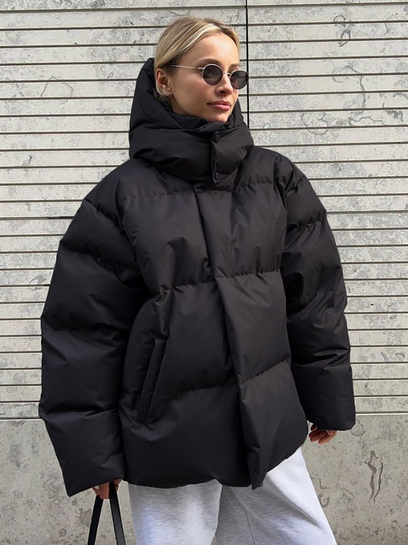 Puffer Coat Zips S Kapucňou Jednofarebné Oversized Vrchné Oblečenie Pre Ženy - Čierna