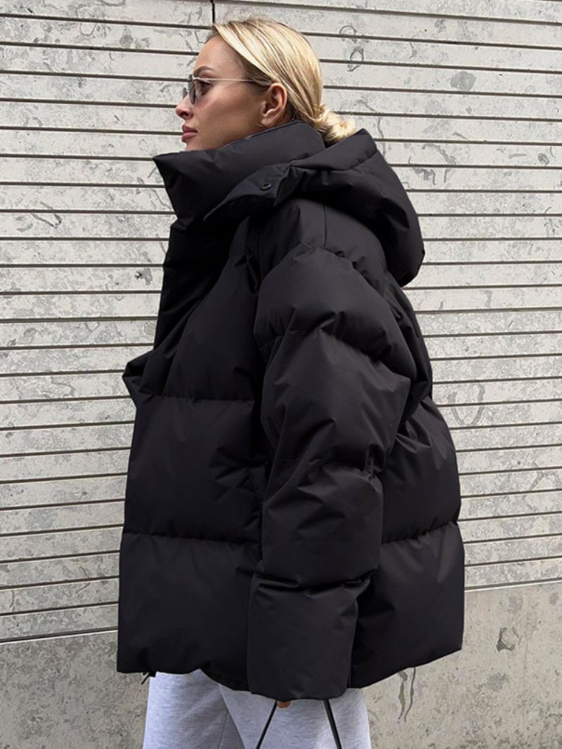 Puffer Coat Zips S Kapucňou Jednofarebné Oversized Vrchné Oblečenie Pre Ženy - Čierna