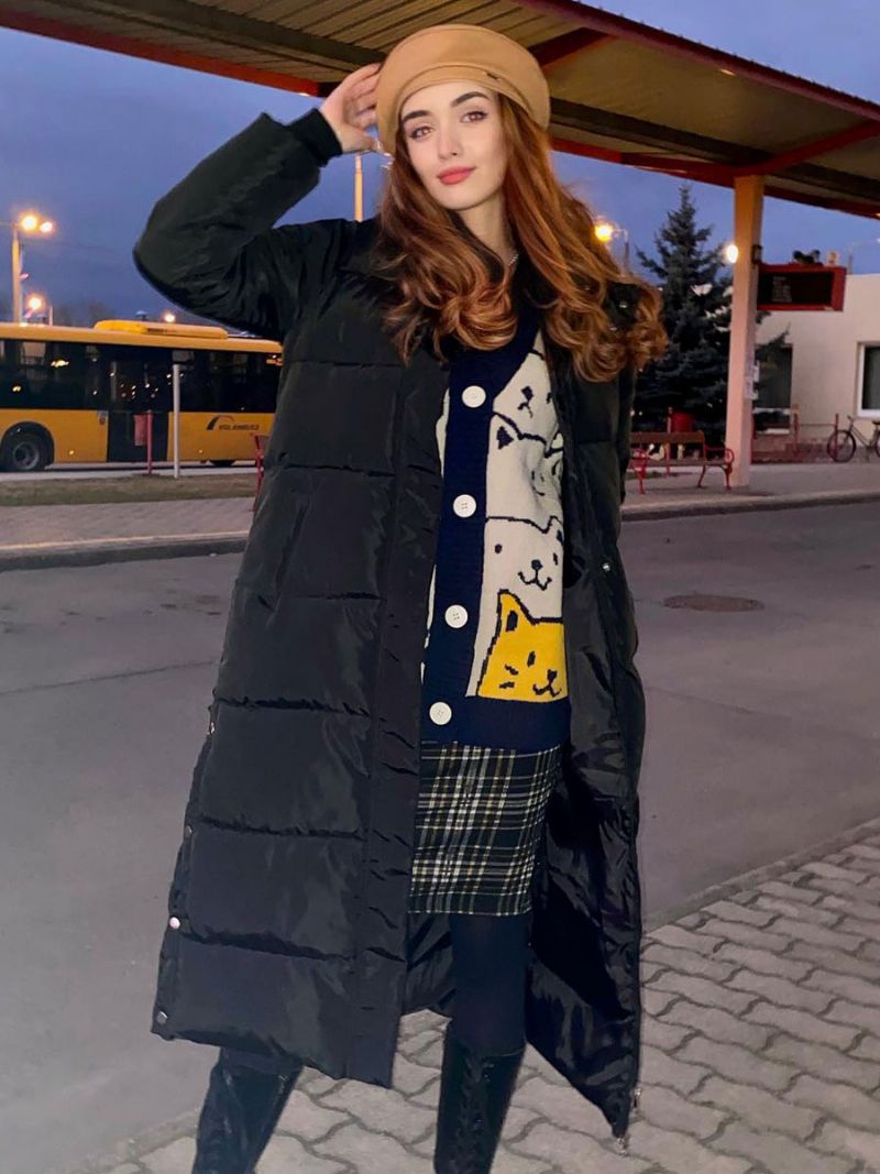 Puffer Coats Ecru Biele Zimné Dlhé Vrchné Oblečenie Pre Ženy - Čierna