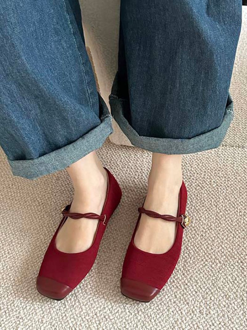 Red Ballet Flats Ženy Vintage Ploché Topánky So Štvorcovou Špičkou