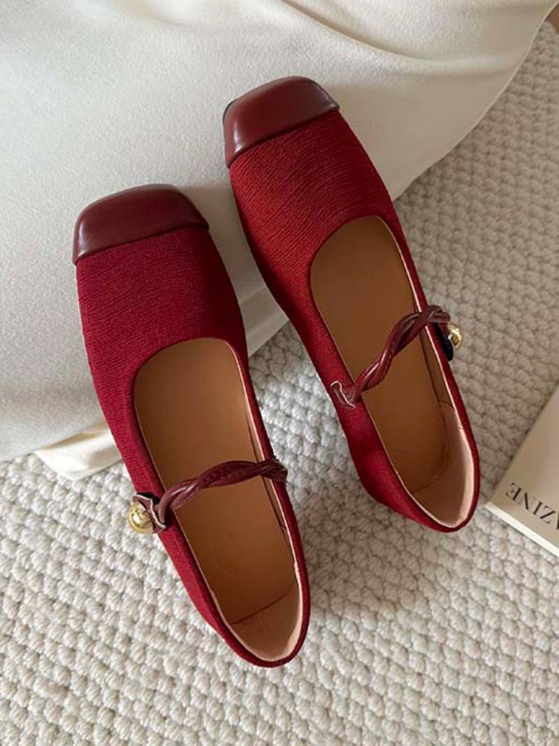 Red Ballet Flats Ženy Vintage Ploché Topánky So Štvorcovou Špičkou - Vínová