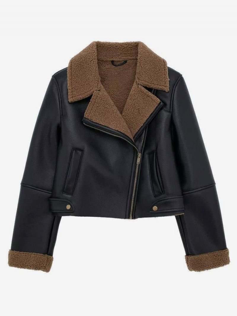 Rider Jacket Peaked Lapels Crossover Zips Dámske Bundy Z Umelej Kože - Čierna