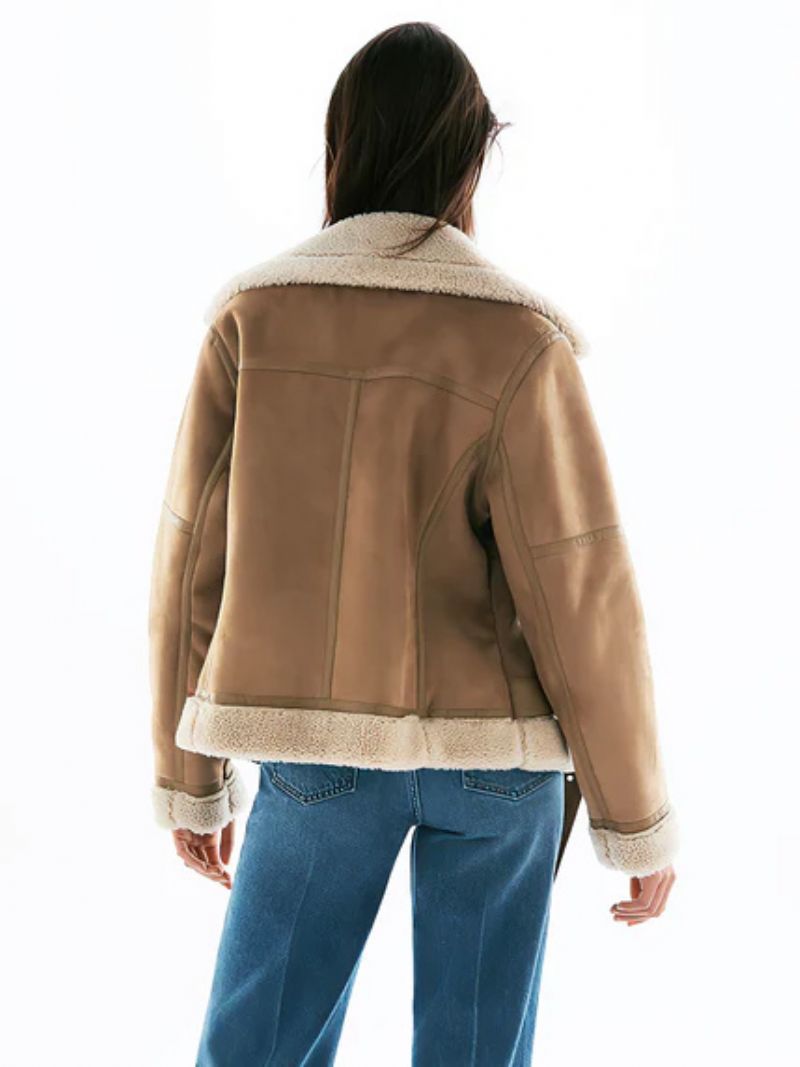 Semiš Bunda Faux Shearling Zimný Kabát Vrchné Oblečenie Pre Ženy - Khaki