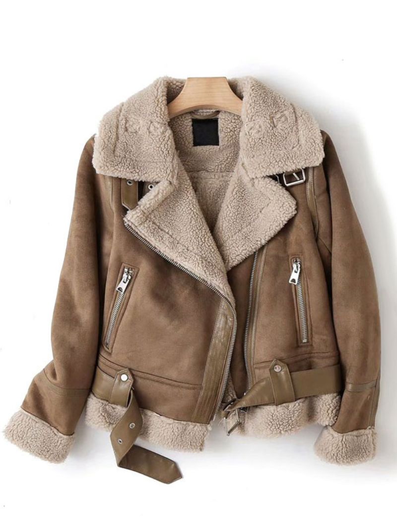 Semiš Bunda Faux Shearling Zimný Kabát Vrchné Oblečenie Pre Ženy - Khaki