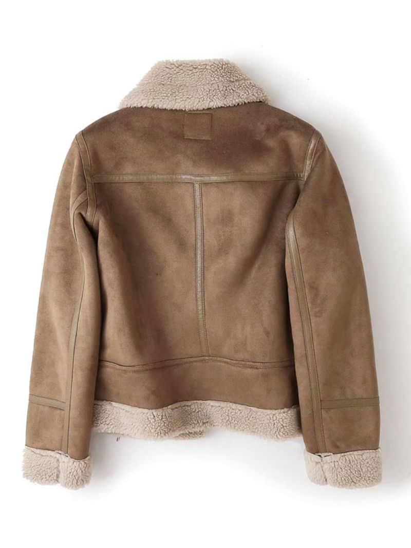 Semiš Bunda Faux Shearling Zimný Kabát Vrchné Oblečenie Pre Ženy - Khaki