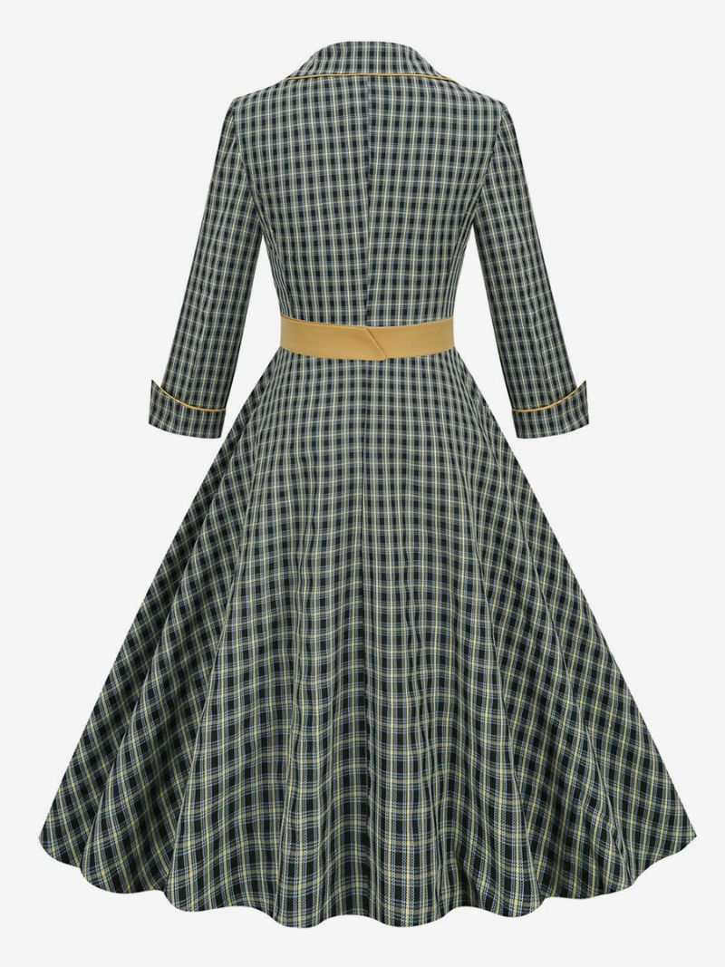 Vintage Šaty 50. Rokov Štýl Audrey Hepburn S Golierom Dlhým Rukávom Dámske Stredne Kockované Rockabilly - Hunter Green