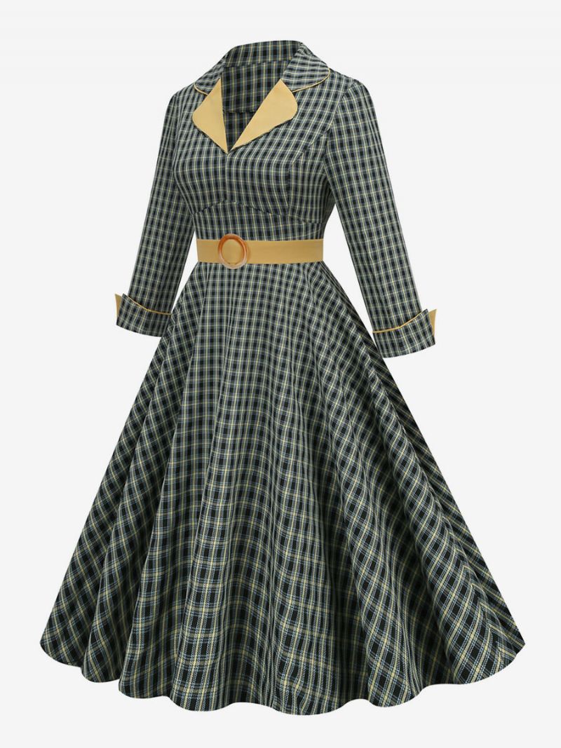 Vintage Šaty 50. Rokov Štýl Audrey Hepburn S Golierom Dlhým Rukávom Dámske Stredne Kockované Rockabilly - Hunter Green