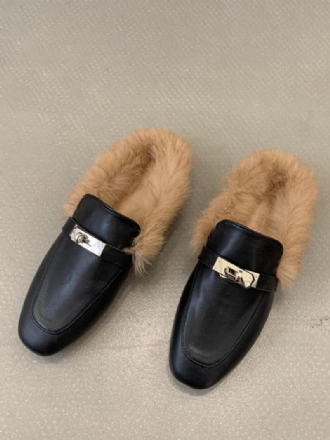 Čierne Dámske Mokasíny Kovové Detaily Z Umelej Kožušiny Slip On Loafer Topánky