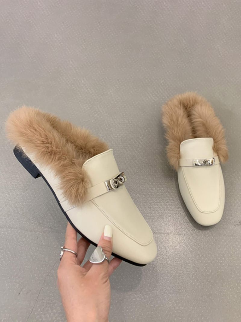 Čierne Dámske Mokasíny Kovové Detaily Z Umelej Kožušiny Slip On Loafer Topánky - Svetložltá