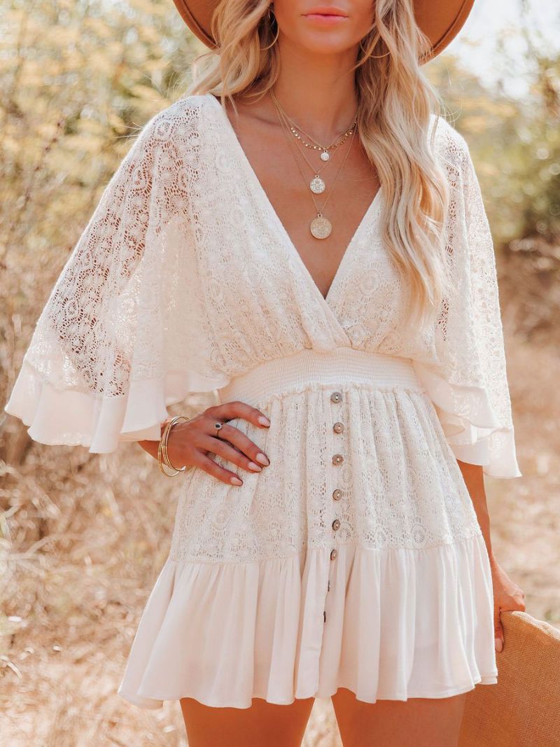 Šaty Boho Čipkované Dámske Minišaty Batwing White Flare S Výstrihom Do V - Biela