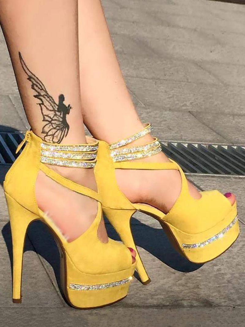 Žlté Sexi Sandále Peep Toe Ihlový Podpätok Nubuk Rhinestones Dámske